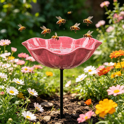 Flower Shaped Bee Watering Station Metal Flower Garden Stake Bird Bath Butterfly Water Feeder Garden Bird Bath Bowls for Outside